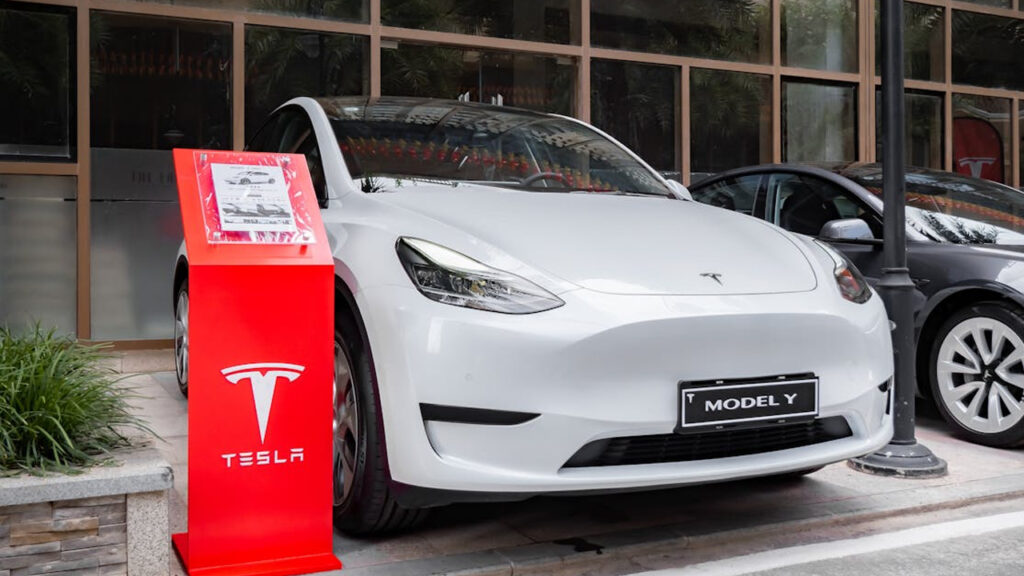 parked white Tesla